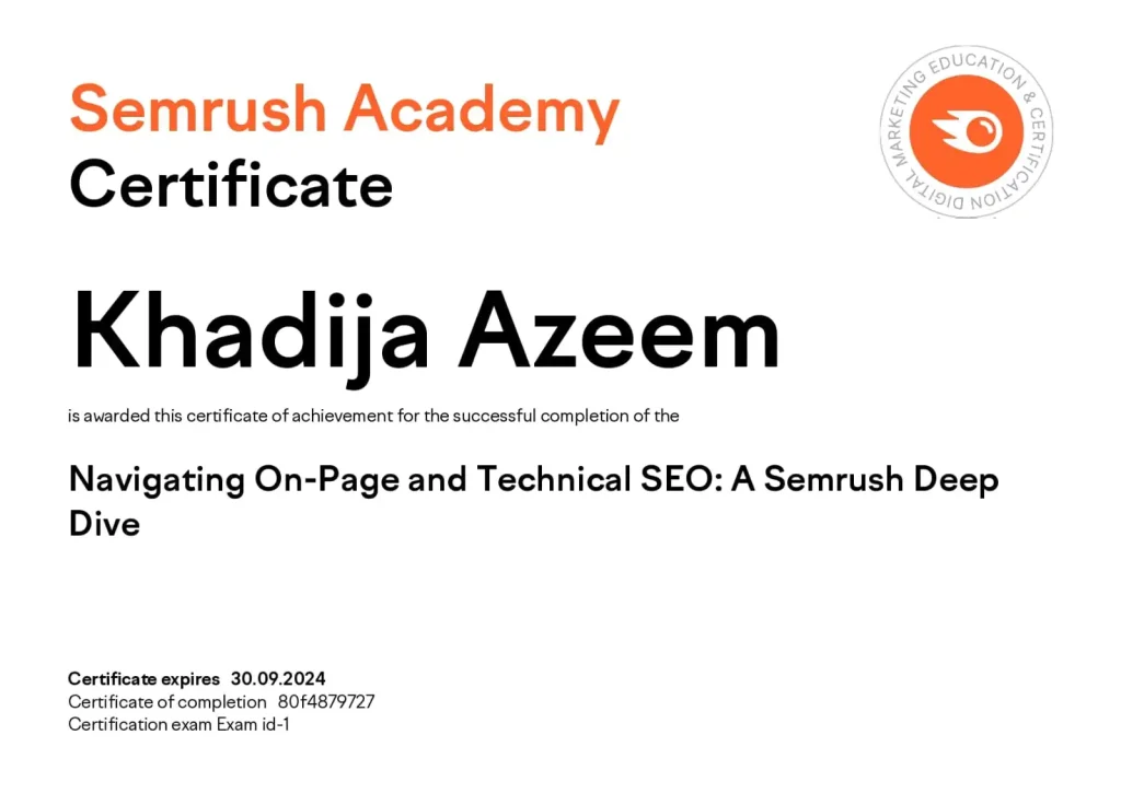 Semrush SEO certifcate khadija thaheem